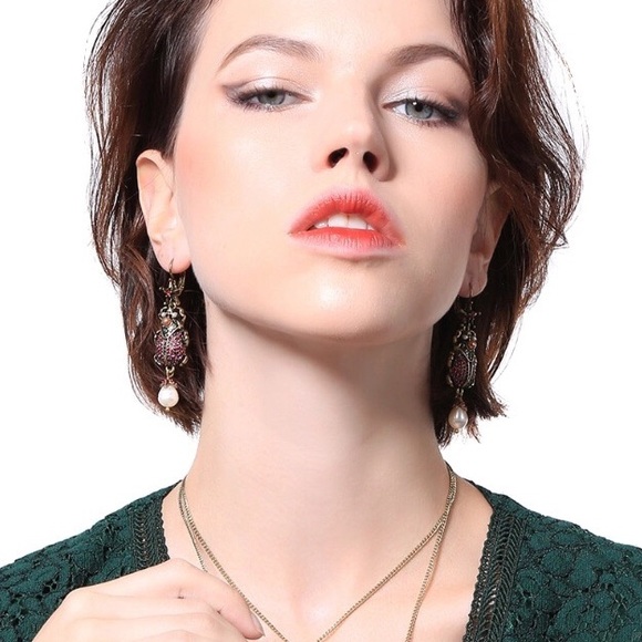 2/$25 Ruby Scarab Skull Faux Pearl Drop Earrings - Picture 7 of 7